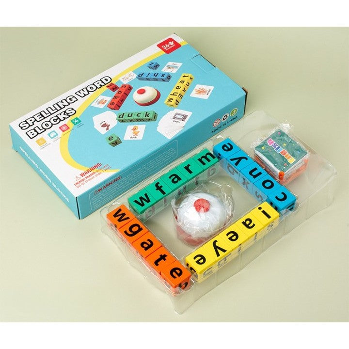 Joc cu Blocuri din Lemn, Vivimall, Formare Cuvinte, Cartonase cu Obiecte si Animale, Clopotel, Joc pentru 4 Persoane, 3 Ani+, 28x15.5x5 cm, Multicolor - vivimall.ro