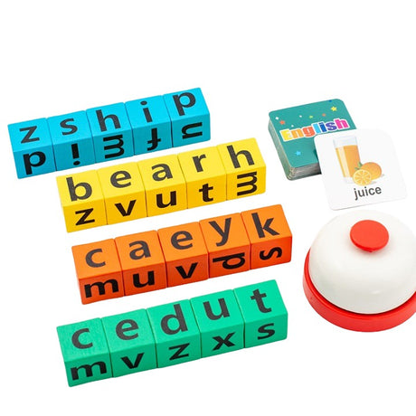 Joc cu Blocuri din Lemn, Vivimall, Formare Cuvinte, Cartonase cu Obiecte si Animale, Clopotel, Joc pentru 4 Persoane, 3 Ani+, 28x15.5x5 cm, Multicolor - vivimall.ro