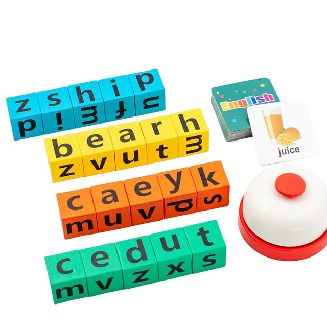 Joc cu Blocuri din Lemn, Vivimall, Formare Cuvinte, Cartonase cu Obiecte si Animale, Clopotel, Joc pentru 4 Persoane, 3 Ani+, 28x15.5x5 cm, Multicolor - vivimall.ro