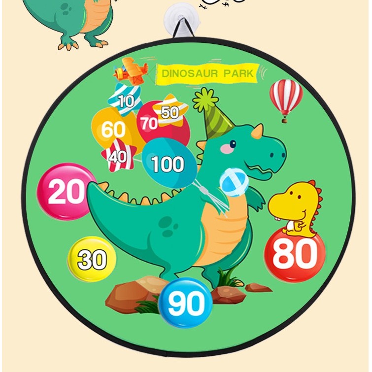 Joc Darts Vivimall pentru Copii, Placa Pliabila 36.5 cm, 8 Mingii Velcro/Scai Simple, 2 Mingii Luminoase, Model Dinozaur Park, Verde - vivimall.ro