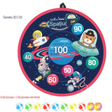 Joc Darts Vivimall pentru Copii, Placa Pliabila 36.5 cm, 8 Mingii Velcro/Scai Simple, 2 Mingii Luminoase, Model Spatiu, Albastru - vivimall.ro