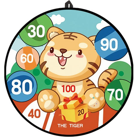 Joc Darts Vivimall pentru Copii, Placa Pliabila 36.5 cm, 8 Mingii Velcro/Scai Simple, 2 Mingii Luminoase, Model Tigru, Portocaliu - vivimall.ro