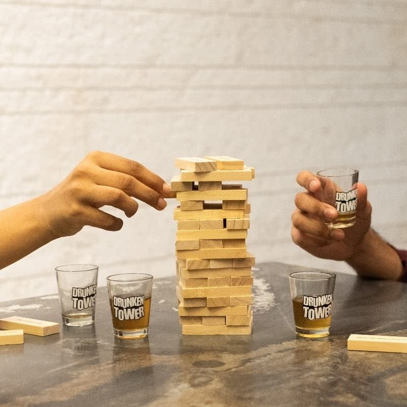 Joc de Baut Jenga Vivimall, Turnul Betivului din Lemn, Piese cu Provocari, Pahare de Shot din Sticla Incluse, 19 x 7 x 20 cm - vivimall.ro
