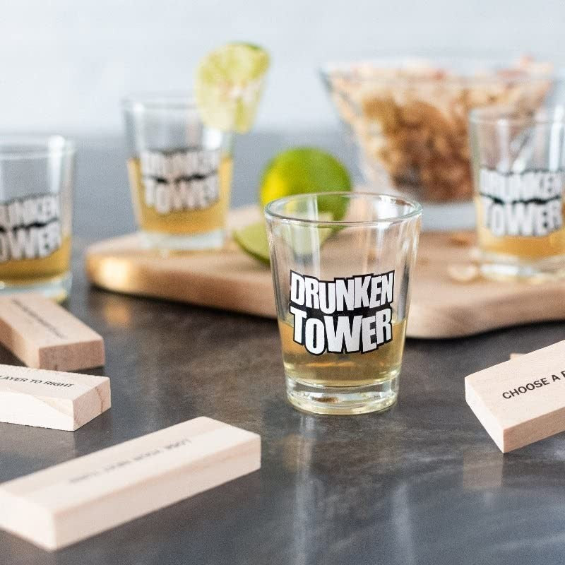Joc de Baut Jenga Vivimall, Turnul Betivului din Lemn, Piese cu Provocari, Pahare de Shot din Sticla Incluse, 19 x 7 x 20 cm - vivimall.ro
