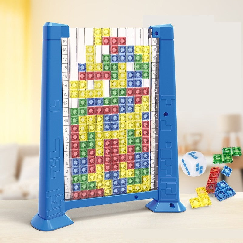 Joc de inteligenta Tetris puzzle tangram Vivimall, 70 de piese multicolore, 3D, montessori, interactiv, din plastic, zar inclus, sac depozitare piese, varsta peste 6 ani, 23 x 19.8 x 5 cm, cadru albastru - vivimall.ro