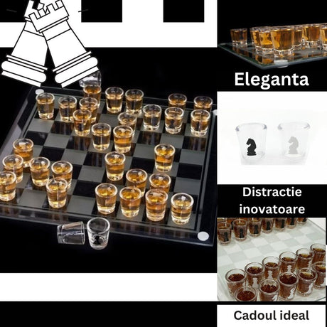 Joc de sah Vivimall din sticla cu pahare pentru shoturi, 35x35 cm, transparent - vivimall.ro