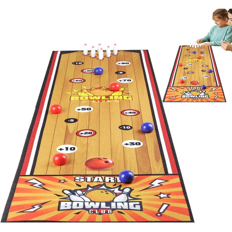 Joc Interactiv, Vivimall, Covor de Bowling 90 x 20 cm, 1-4 Jucatori, +5 Ani, 6 Mingi Incluse, 6 Popice, Galben - vivimall.ro