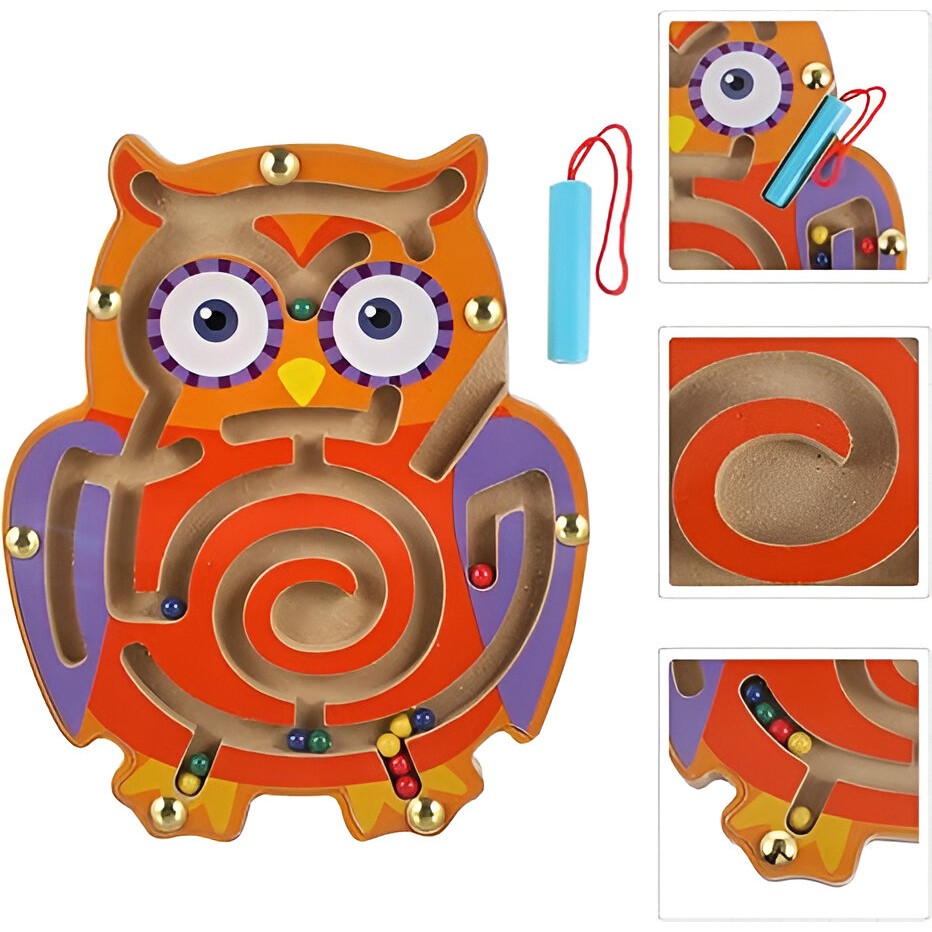 Joc Montessori cu Bile, Vivimall, Creion Magnetic, Tip Labirint, din Lemn, Model Bufnita, 18.5x17.5 cm, Portocaliu-Mov - vivimall.ro