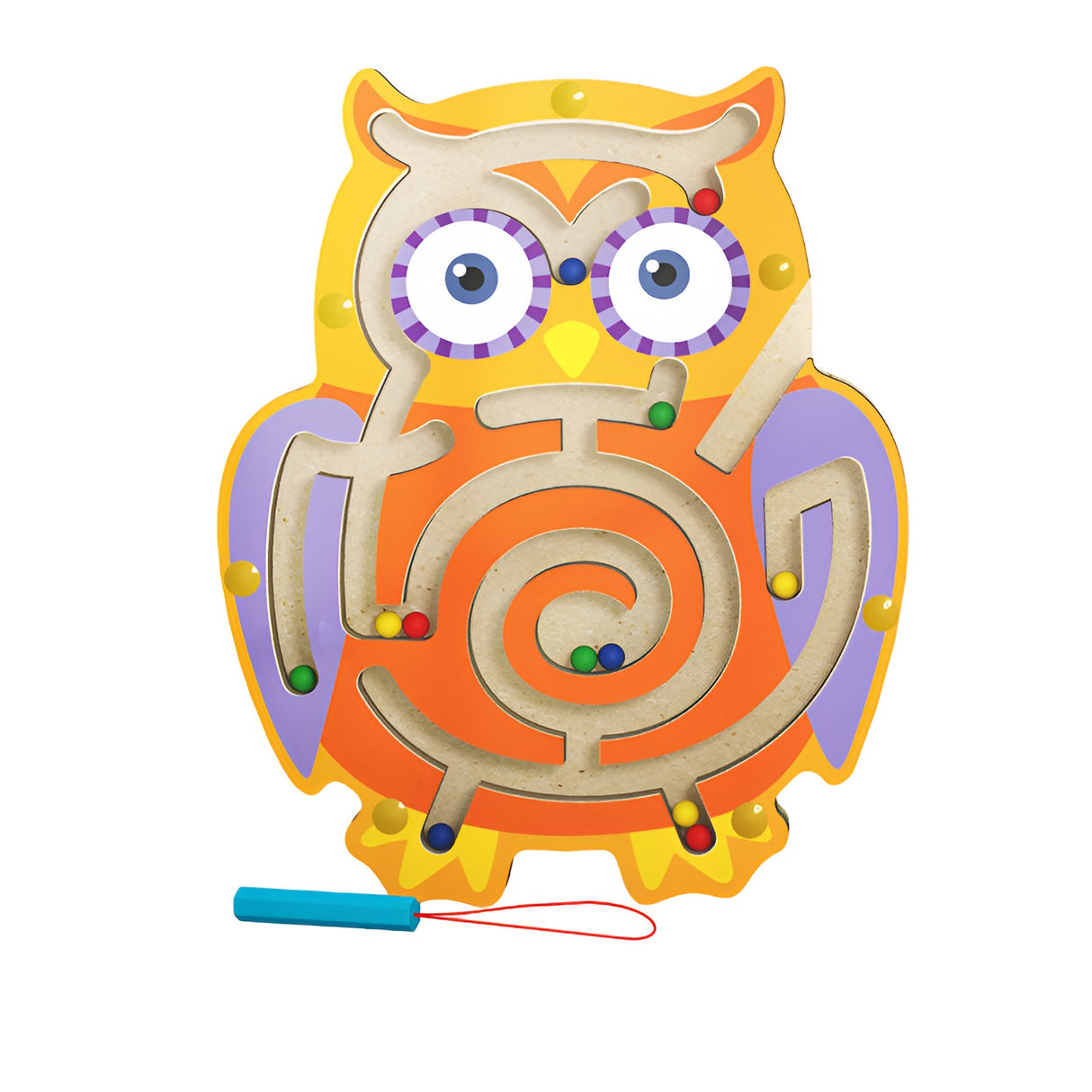 Joc Montessori cu Bile, Vivimall, Creion Magnetic, Tip Labirint, din Lemn, Model Bufnita, 18.5x17.5 cm, Portocaliu-Mov - vivimall.ro