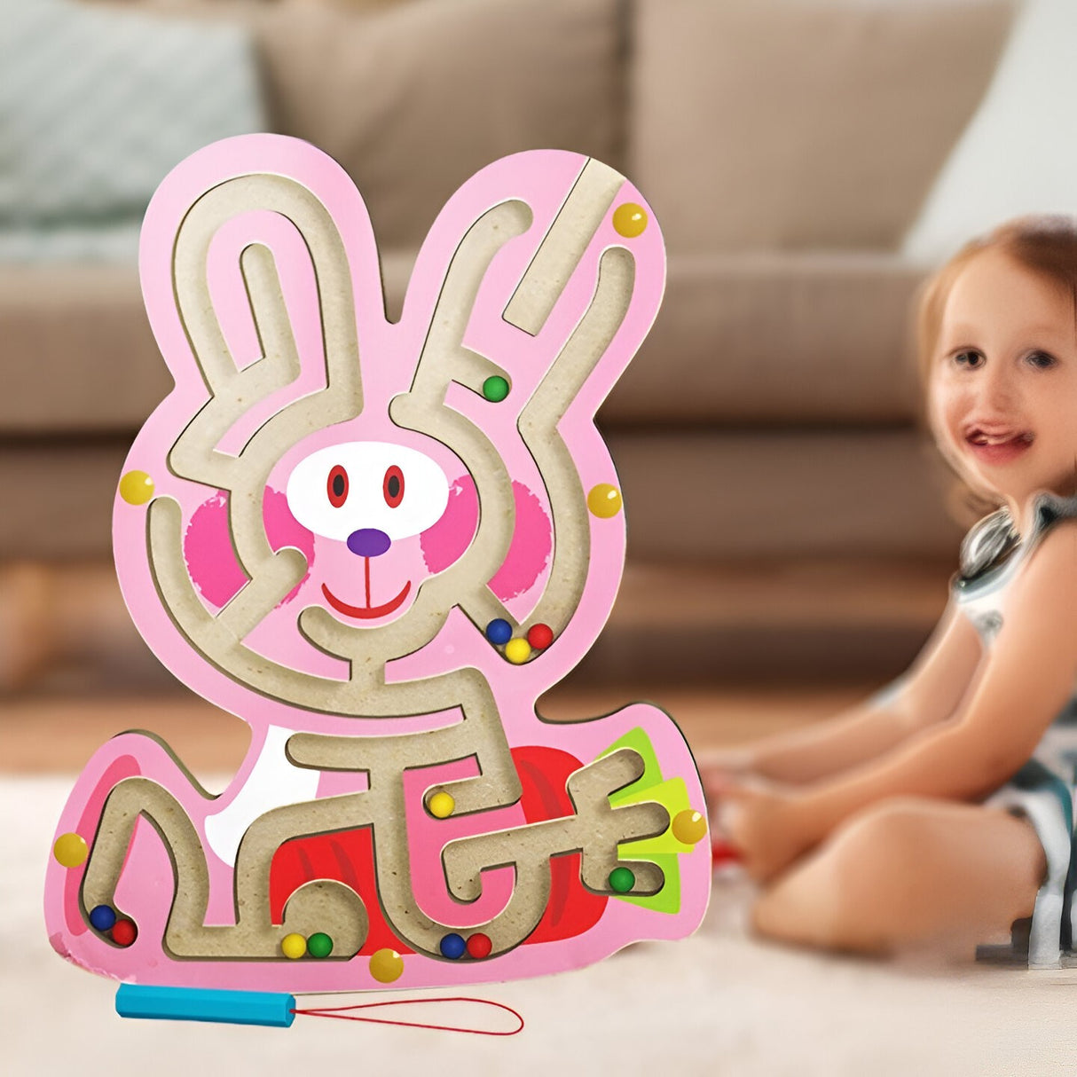 Joc Montessori cu Bile, Vivimall, Creion Magnetic, Tip Labirint, din Lemn, Model Iepuras, 19.5x15.5 cm, Roz - vivimall.ro