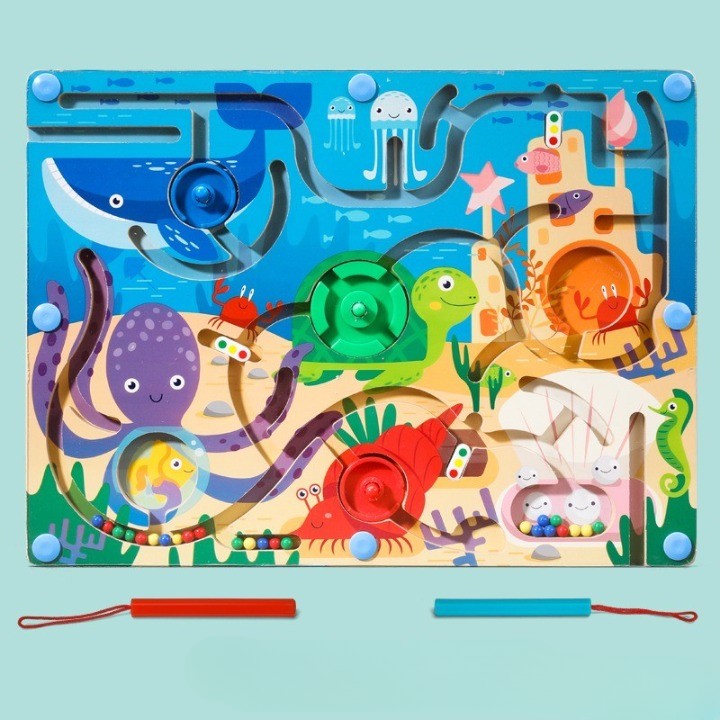 Joc Montessori De Sortare Culori, Creion Magnetic, Tip Labirint Ilustrat, Din Lemn - vivimall.ro