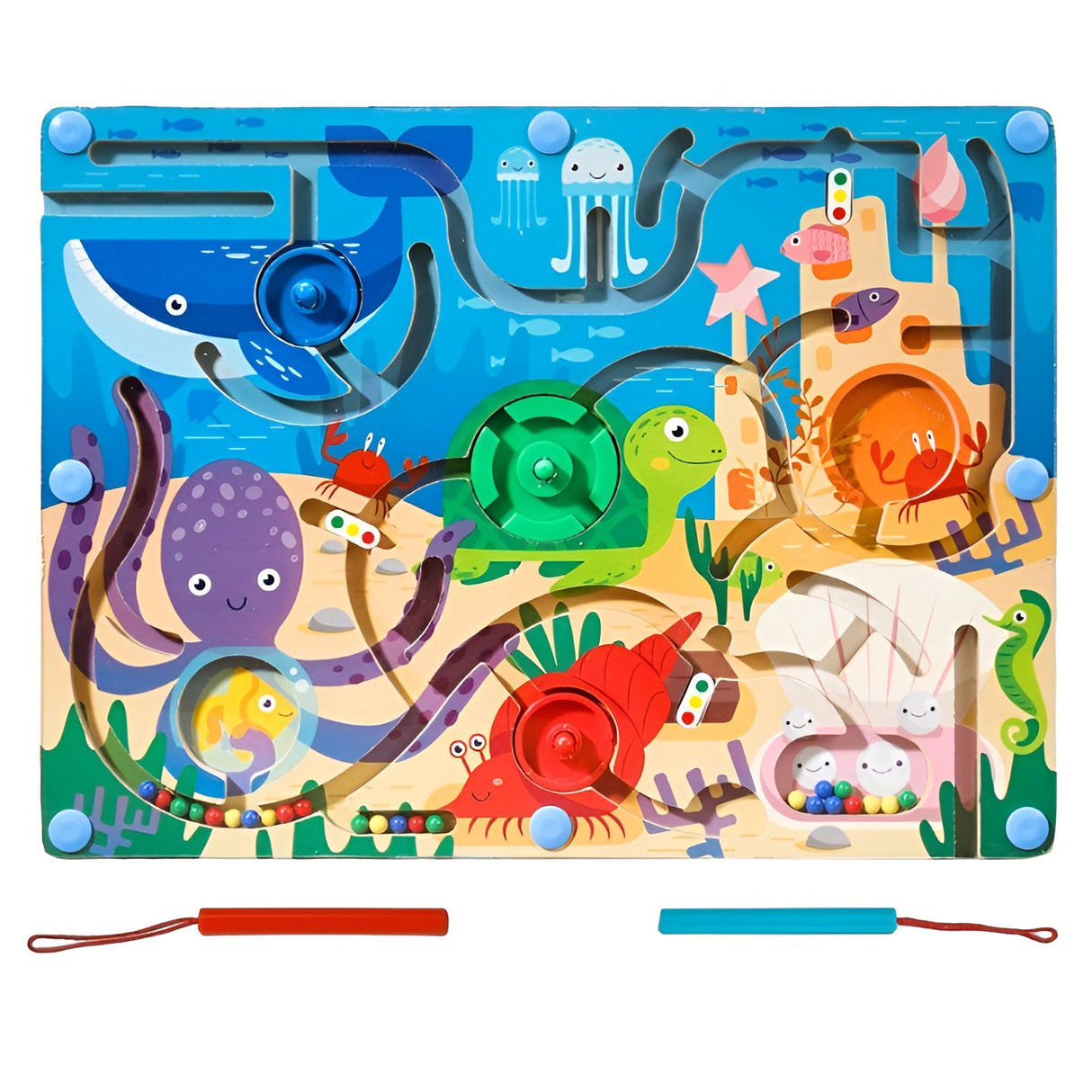 Joc Montessori De Sortare Culori, Creion Magnetic, Tip Labirint Ilustrat, Din Lemn - vivimall.ro