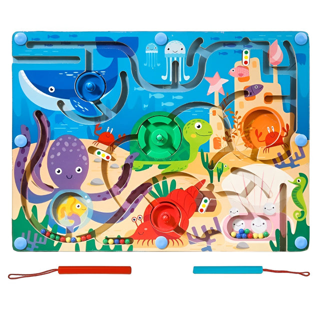 Joc Montessori de Sortare Culori, Vivimall, Creion Magnetic, Tip Labirint Ilustrat, din Lemn, Model Animale Marine, 39x29x1.5 cm - vivimall.ro