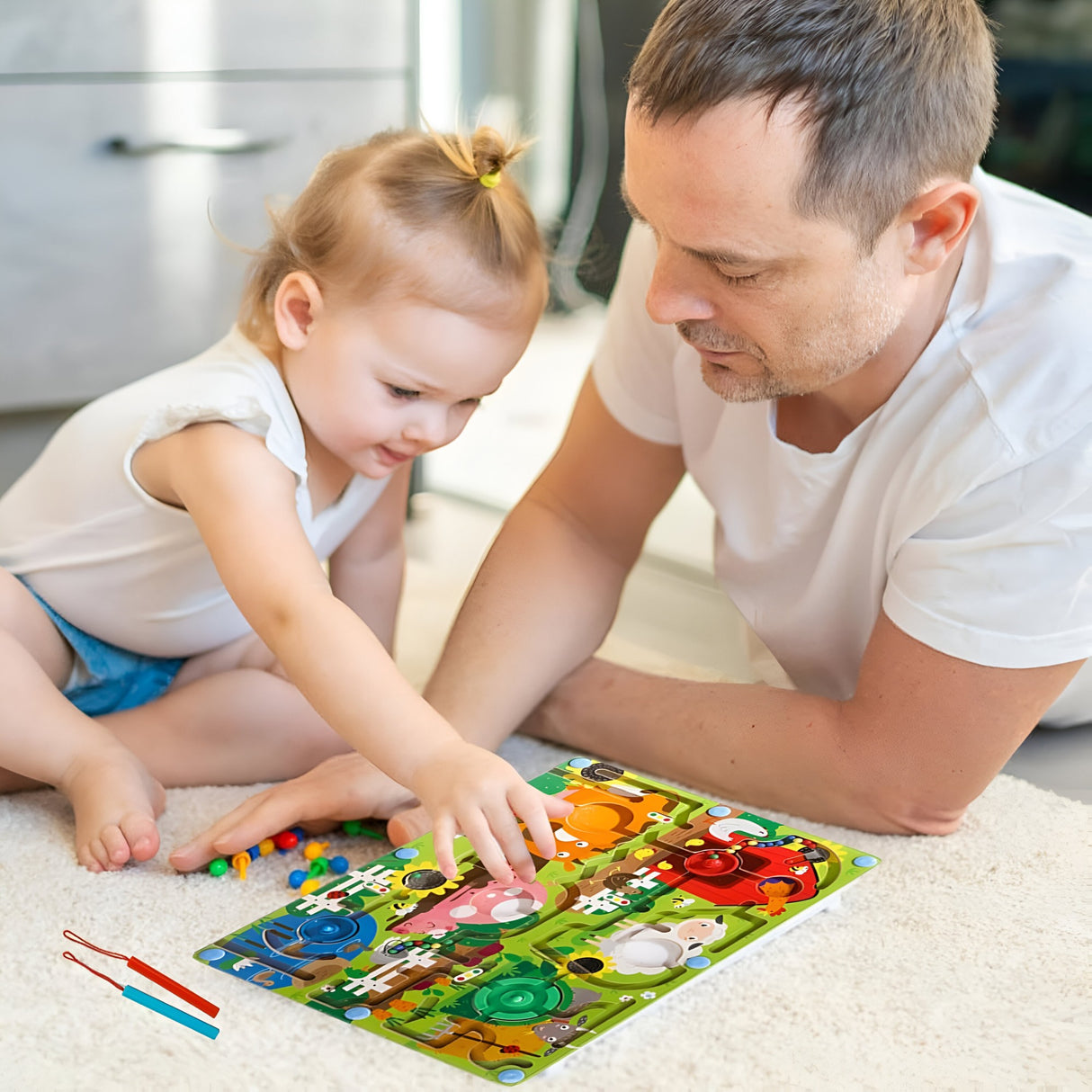 Joc Montessori De Sortare Culori, Creion Magnetic, Tip Labirint Ilustrat, Din Lemn - vivimall.ro