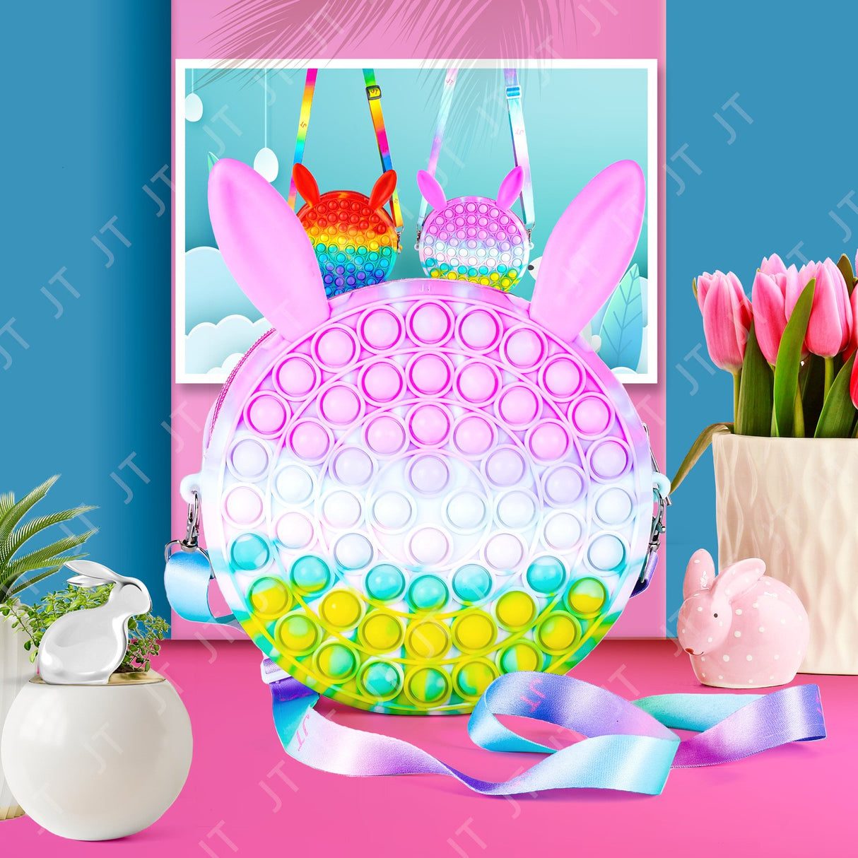 Jucarie antistres din silicon Flippy, Geanta Pop It, 16 cm, Iepuras, Macarons - vivimall.ro