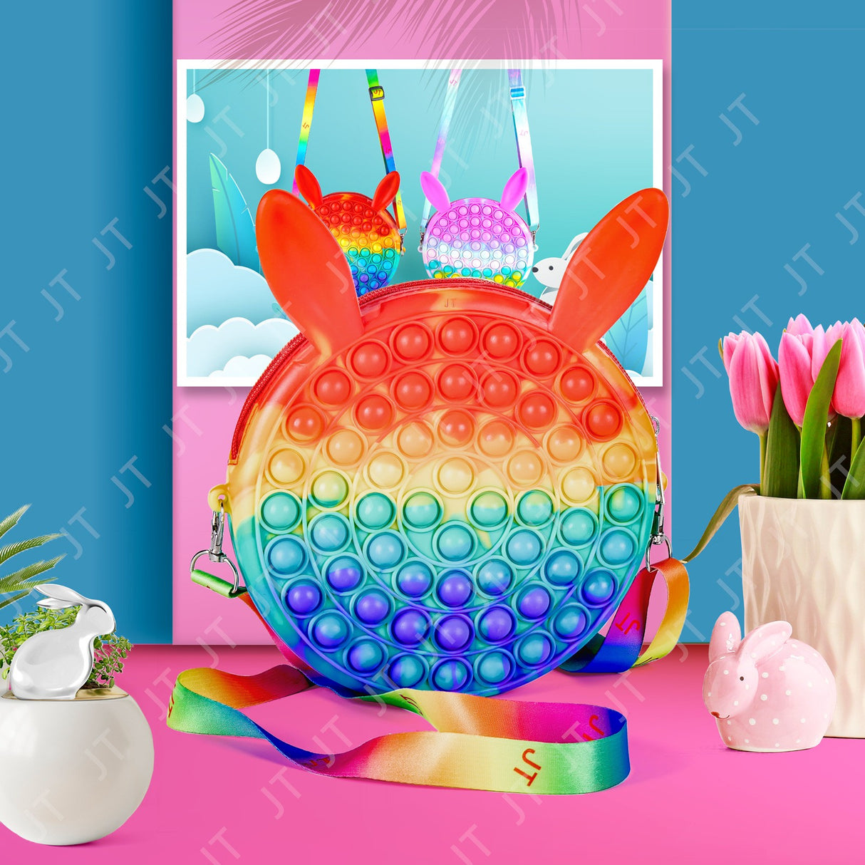 Jucarie antistres din silicon Flippy, Geanta Pop It, Iepuras, 16 cm, Curcubeu - vivimall.ro