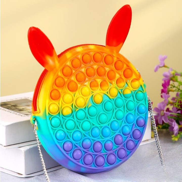 Jucarie antistres din silicon Flippy, Geanta Pop It, Iepuras, 16 cm, Curcubeu - vivimall.ro