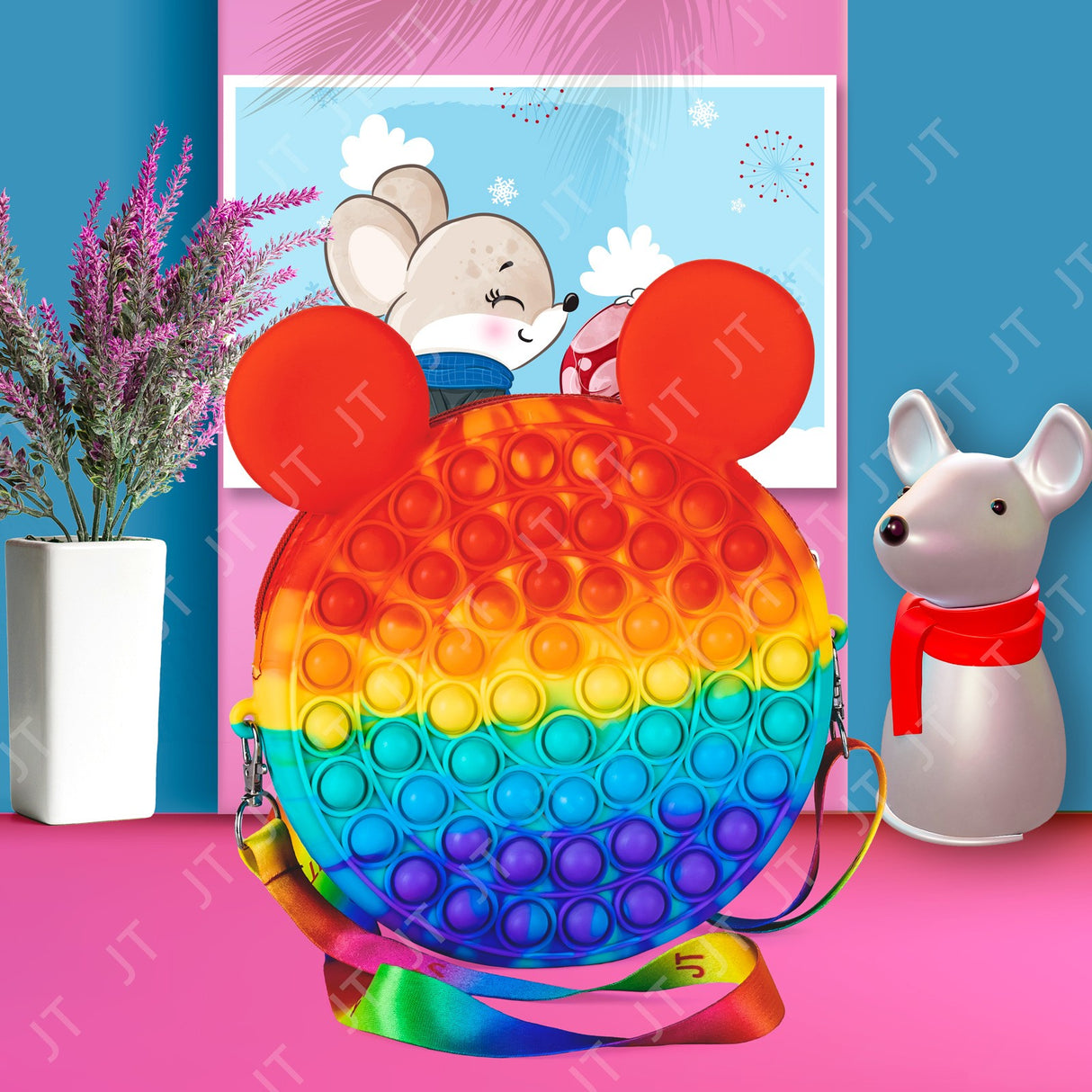 Jucarie antistres din silicon Flippy, Geanta Pop It, Soricel, 16 cm, Curcubeu - vivimall.ro