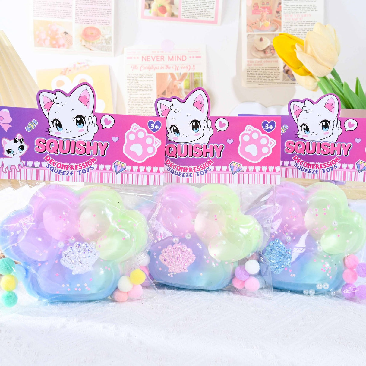 Jucarie Antistres Squishy, Cu Revenire Lenta, Labuta De Pisica Pufoasa, 7.5 Cm, Ambalaj , Multicolor