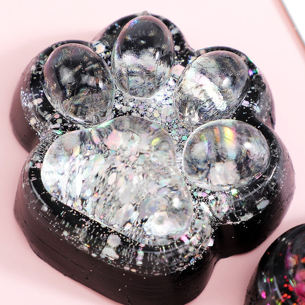 Jucarie Antistres Squishy, Vivimall, cu Revenire Lenta, Squeeze Pinch Family, Model Labuta de Pisica cu Sclipici, 6.5x6 cm, 60g, Ambalaj Transparent, Alb-Negru - vivimall.ro