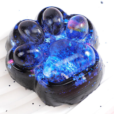 Jucarie Antistres Squishy, Vivimall, cu Revenire Lenta, Squeeze Pinch Family, Model Labuta de Pisica cu Sclipici, 6.5x6 cm, 60g, Ambalaj Transparent, Albastru-Negru - vivimall.ro