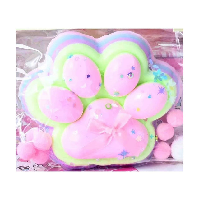 Jucarie Antistres Squishy, Vivimall, cu Revenire Lenta, Model Labuta de Pisica YY1005, 220g, 12.5 x 10.5 cm, Squeeze Pinch Family, Ambalaj Transparent, Roz-Curcubeu - vivimall.ro