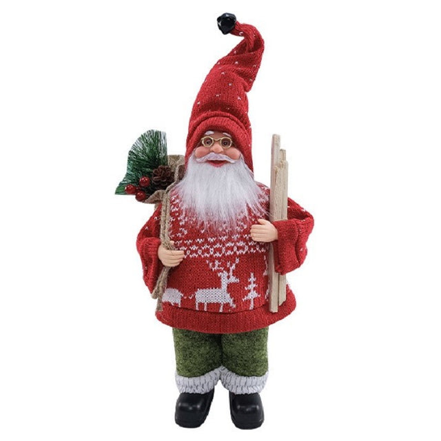 Figurina Decorativa Craciun, Vivimall, Mos Craciun cu Lemne la Brat, 30 x 17 x 10 cm, Material Plastic+Textil, Interior/Exterior, Rosu/Verde - vivimall.ro