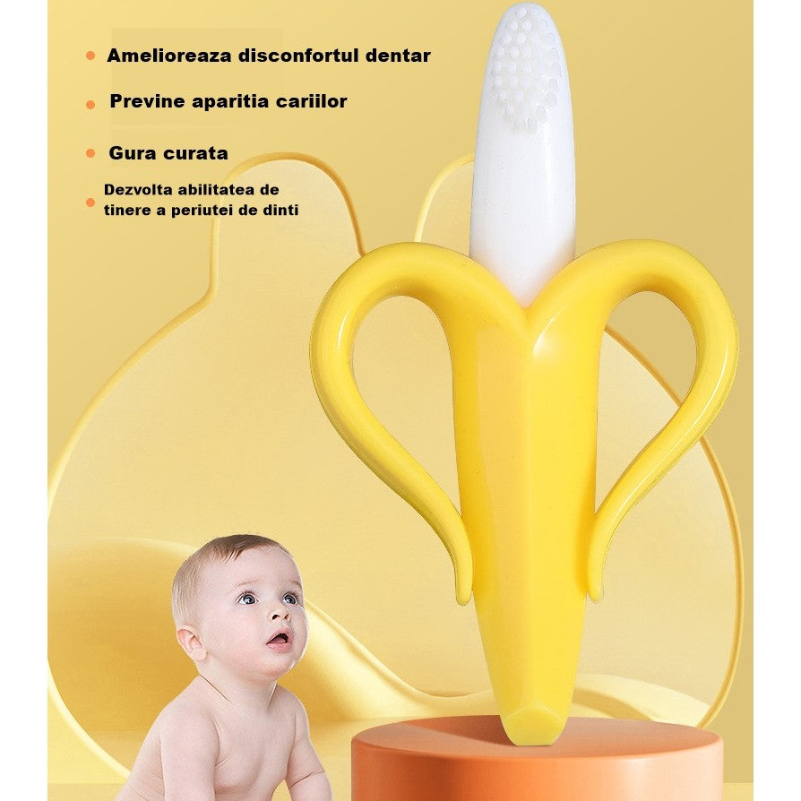 Jucarie dentitie bebelusi Vivimall, banana, cu manere de prindere, material silicon non-toxic, fara miros, 10.5x5.9 cm, galben - vivimall.ro