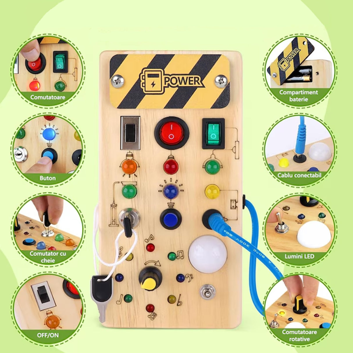 Jucarie Educativa Montessori pentru Copii, Flippy, Model Busy Board, Tableta din Lemn cu Circuit Luminos, 36 Comutatoare, Lumini LED, 19,5 x 9,7 x 3 cm, Lemn Natur - vivimall.ro
