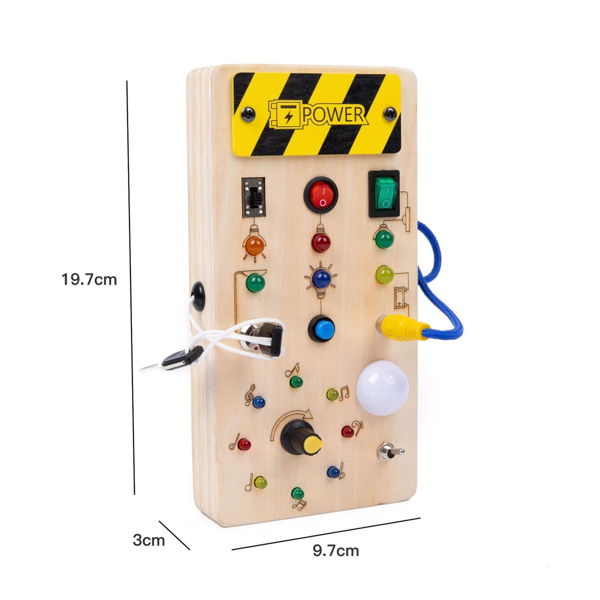Jucarie Educativa Montessori pentru Copii, Flippy, Model Busy Board, Tableta din Lemn cu Circuit Luminos, 36 Comutatoare, Lumini LED, 19,5 x 9,7 x 3 cm, Lemn Natur - vivimall.ro
