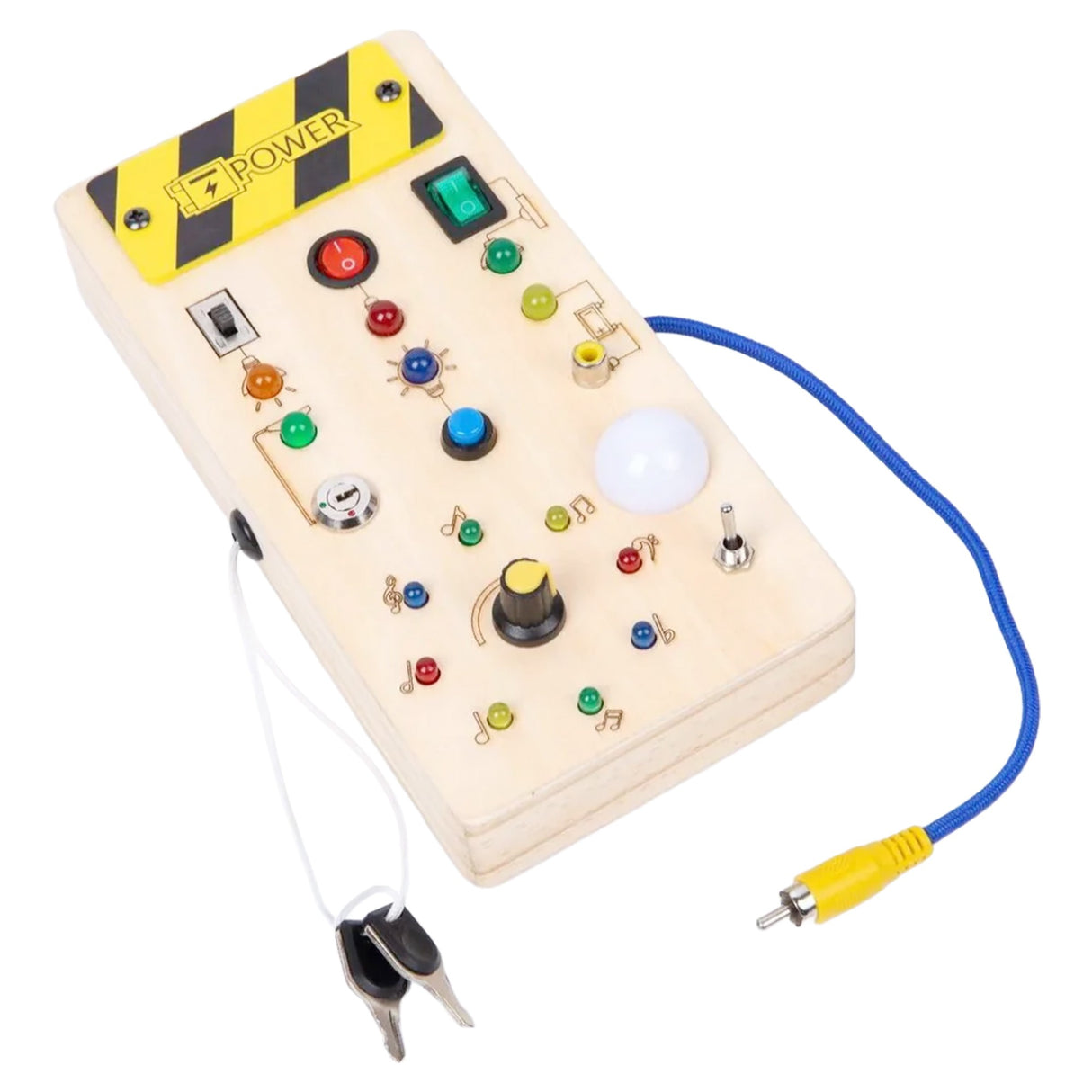 Jucarie Educativa Montessori pentru Copii, Flippy, Model Busy Board, Tableta din Lemn cu Circuit Luminos, 36 Comutatoare, Lumini LED, 19,5 x 9,7 x 3 cm, Lemn Natur - vivimall.ro