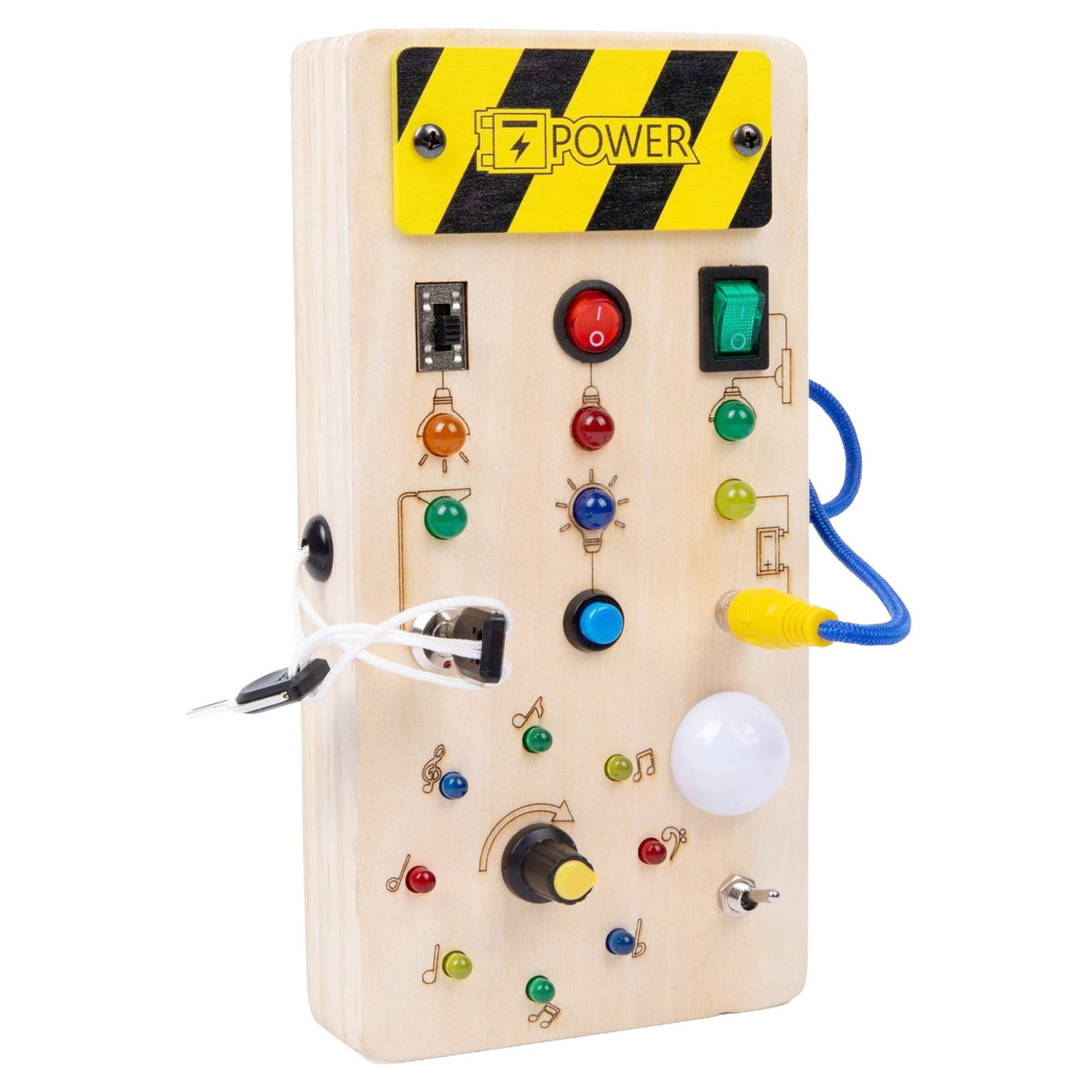 Jucarie Educativa Montessori pentru Copii, Flippy, Model Busy Board, Tableta din Lemn cu Circuit Luminos, 36 Comutatoare, Lumini LED, 19,5 x 9,7 x 3 cm, Lemn Natur - vivimall.ro