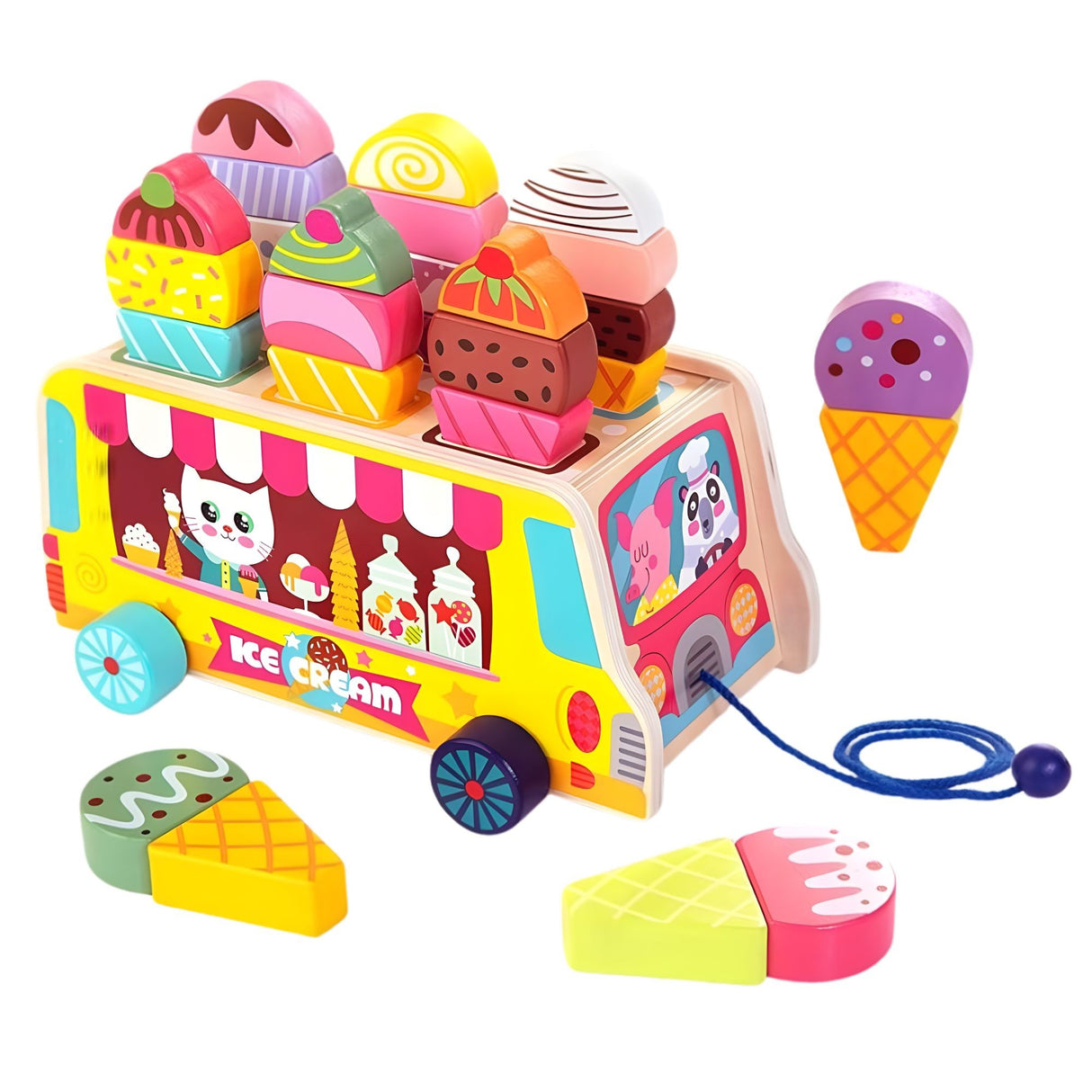 Jucărie educativă Montessori Flippy Camion Înghețată din lemn, vedere frontală, multicolor, 22x11x12 cm