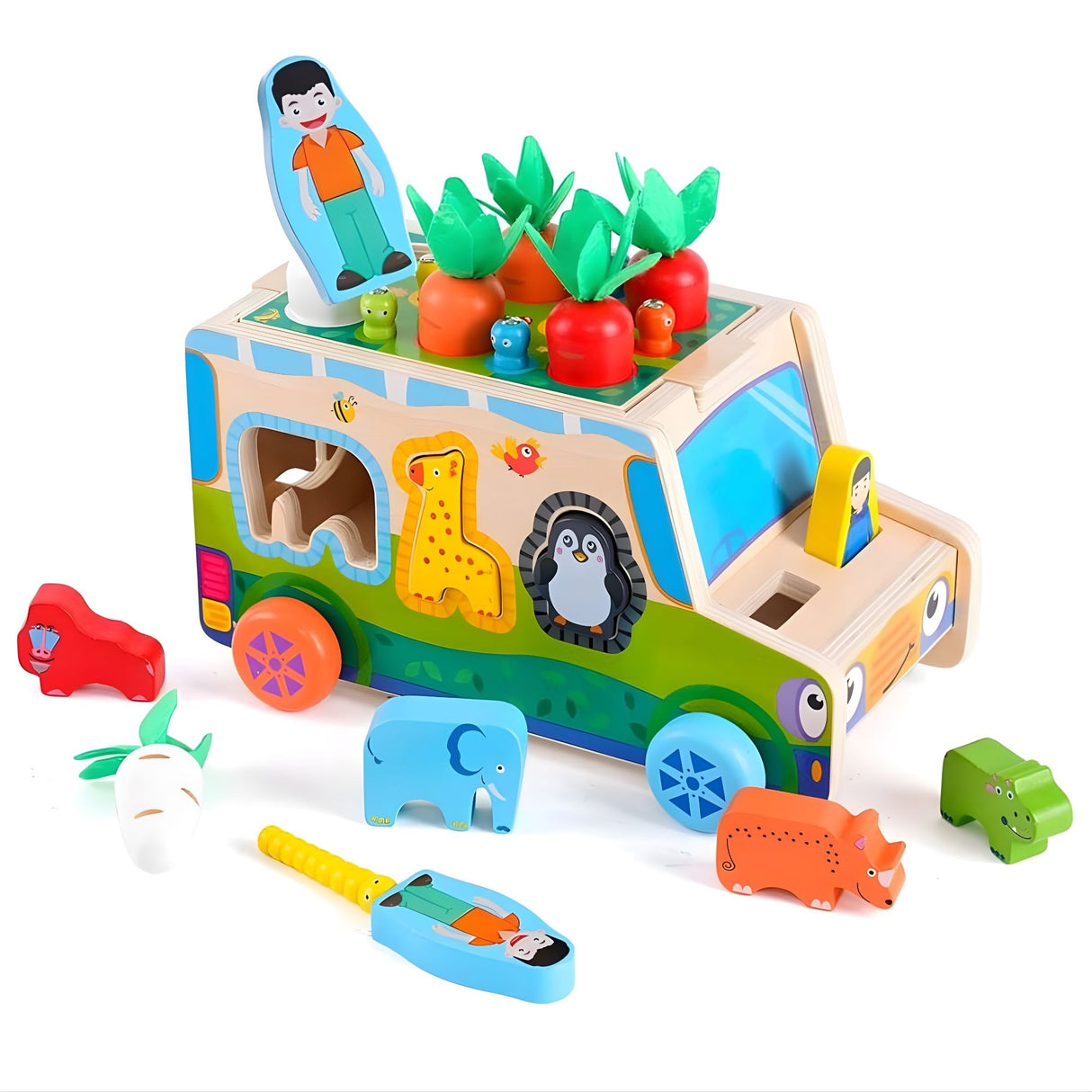 Mașinuță educativă din lemn Flippy 6 în 1, vedere frontală completă, multicolor, pentru copii 1-3 ani