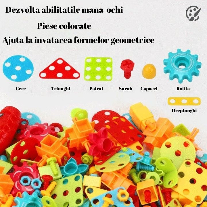 Jucarie Educativa Si Interactiva, Vivimall, Set De Constructie Puzzle Din ABS Cu Bormasina Pentru Dezvoltatea Creativitatii Si A Indemanarii 2D si 3D, Valiza, +3, 31x7x25 cm, 338 Piese - vivimall.ro
