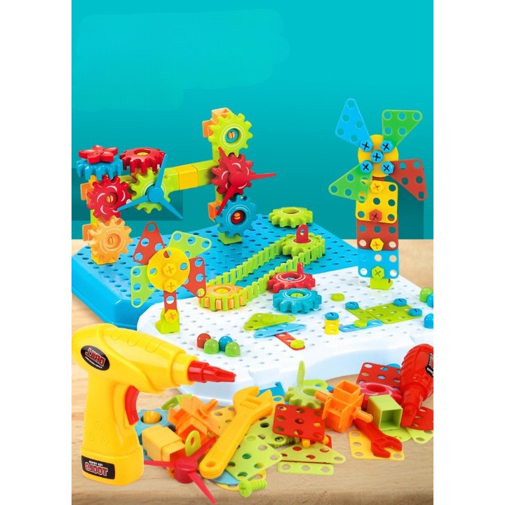 Jucarie Educativa Si Interactiva, Vivimall, Set De Constructie Puzzle Din ABS Cu Bormasina Pentru Dezvoltatea Creativitatii Si A Indemanarii 2D si 3D, Valiza, +3, 31x7x25 cm, 338 Piese - vivimall.ro