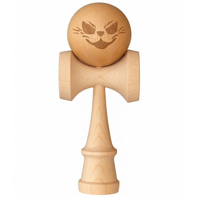 Jucarie Interactiva Kendama, Flippy, din Lemn, 18 cm, Joc de Indemanare pentru Copii si Adulti, Model Crazy Cat, Maro Natur - vivimall.ro