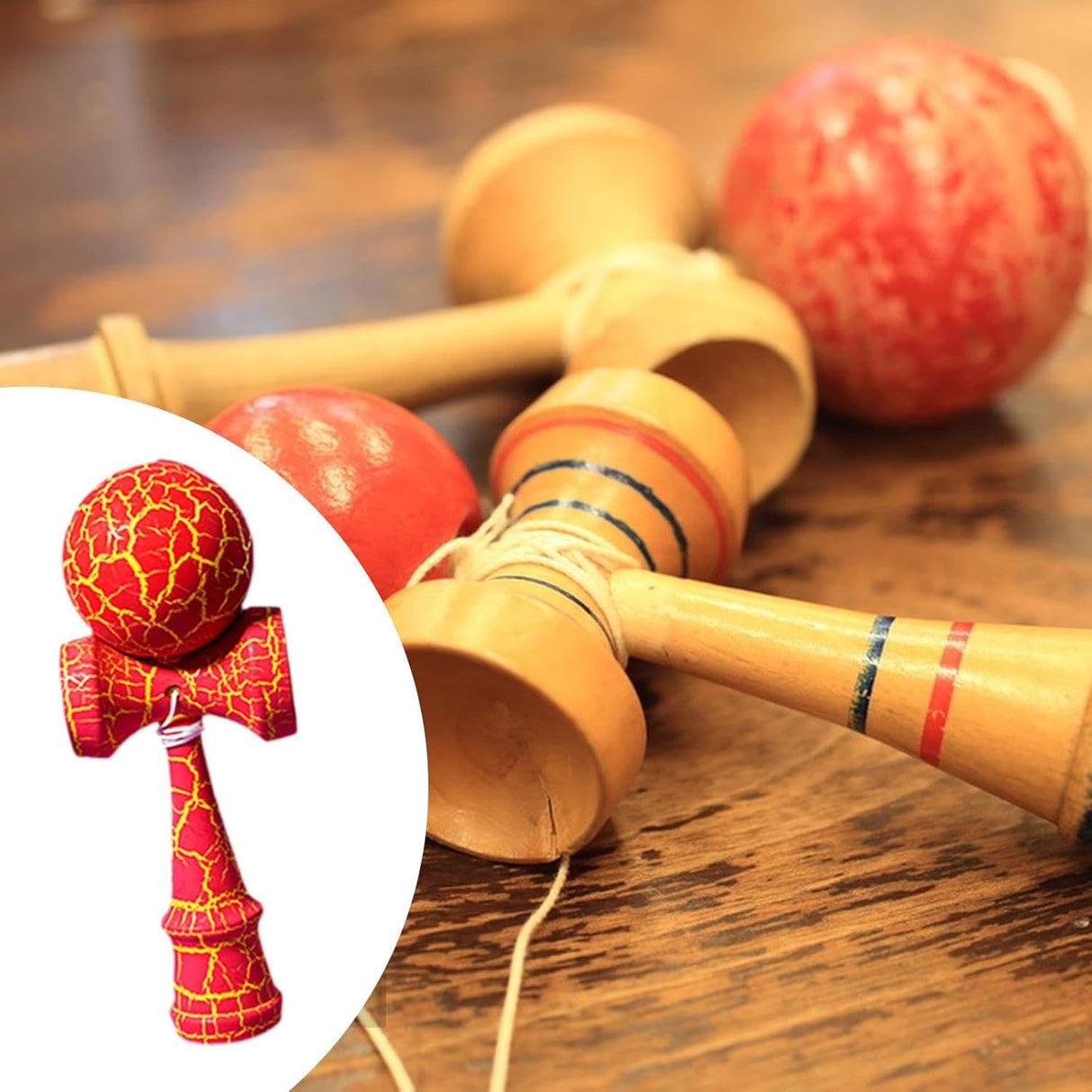 Kendama Crack, Flippy, din Lemn, 18 cm, +14 Ani, Diametru Bila 6 cm, Model Crapat, Rosu - vivimall.ro