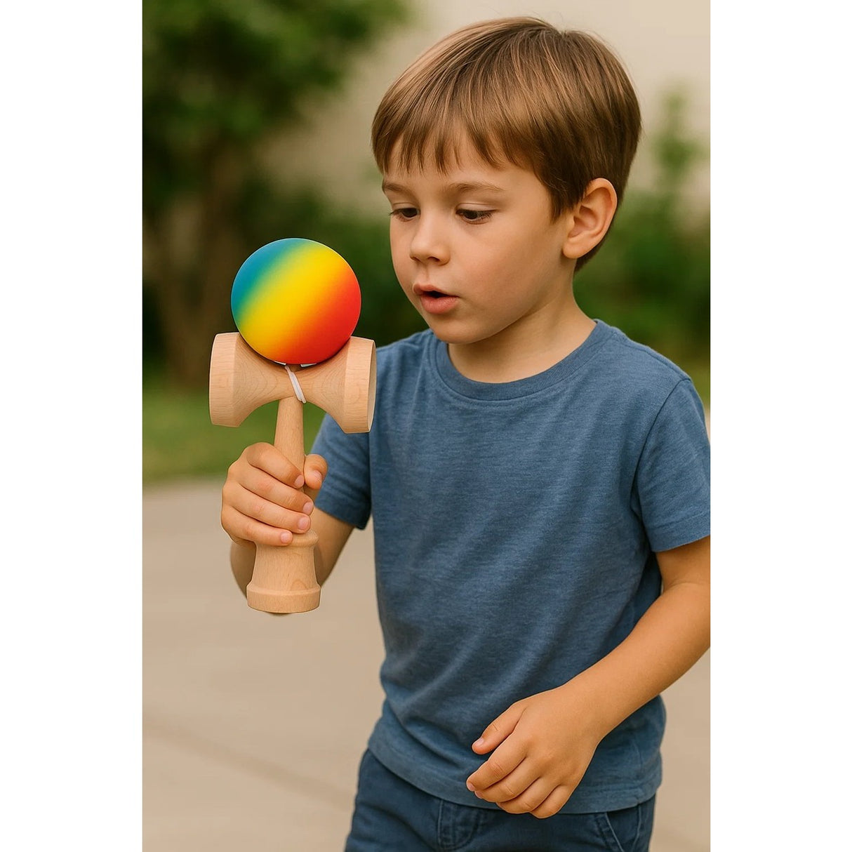 Jucarie Kendama X Originala, Profesionala, Flippy, din Lemn, Rubber Grip, 18 cm, Rosu/Galben/Albastru - vivimall.ro