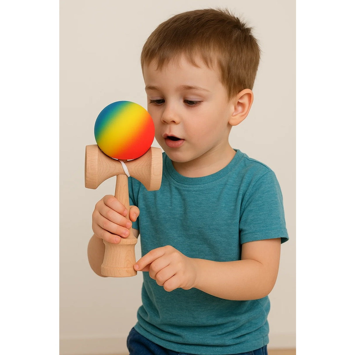Jucarie Kendama X Originala, Profesionala, Flippy, din Lemn, Rubber Grip, 18 cm, Rosu/Galben/Albastru - vivimall.ro