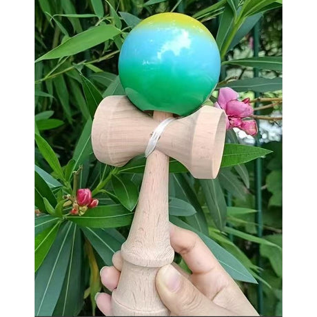 Kendama X Originala, Profesionala, Flippy, Rubber Grip, din Lemn, 18 cm, Galben/Albastru/Verde - vivimall.ro