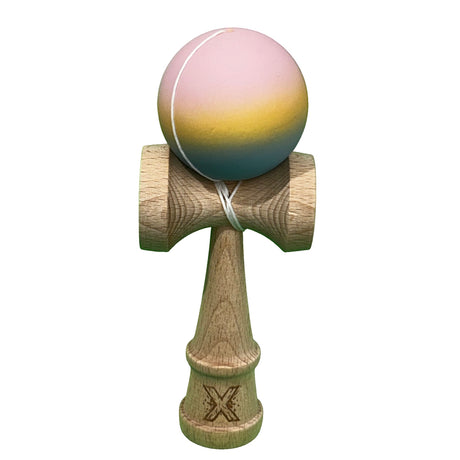 Jucarie Kendama X Originala, Profesionala, Flippy, din Lemn, Rubber Grip, 18 cm, Roz/Galben/Albastru - vivimall.ro