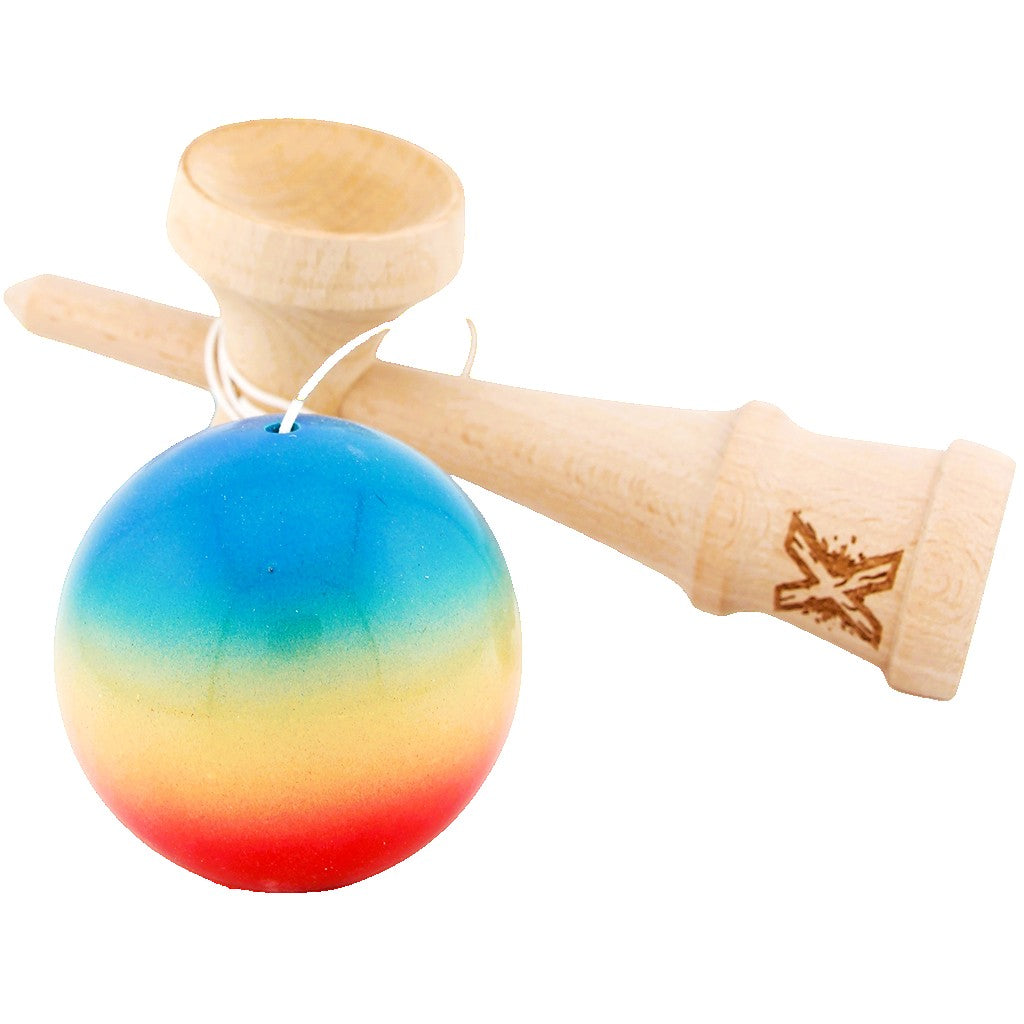 Kendama X Originala, Profesionala, Super Sticky, din Lemn, 18 cm, Rosu/ Galben/ Albastru - vivimall.ro