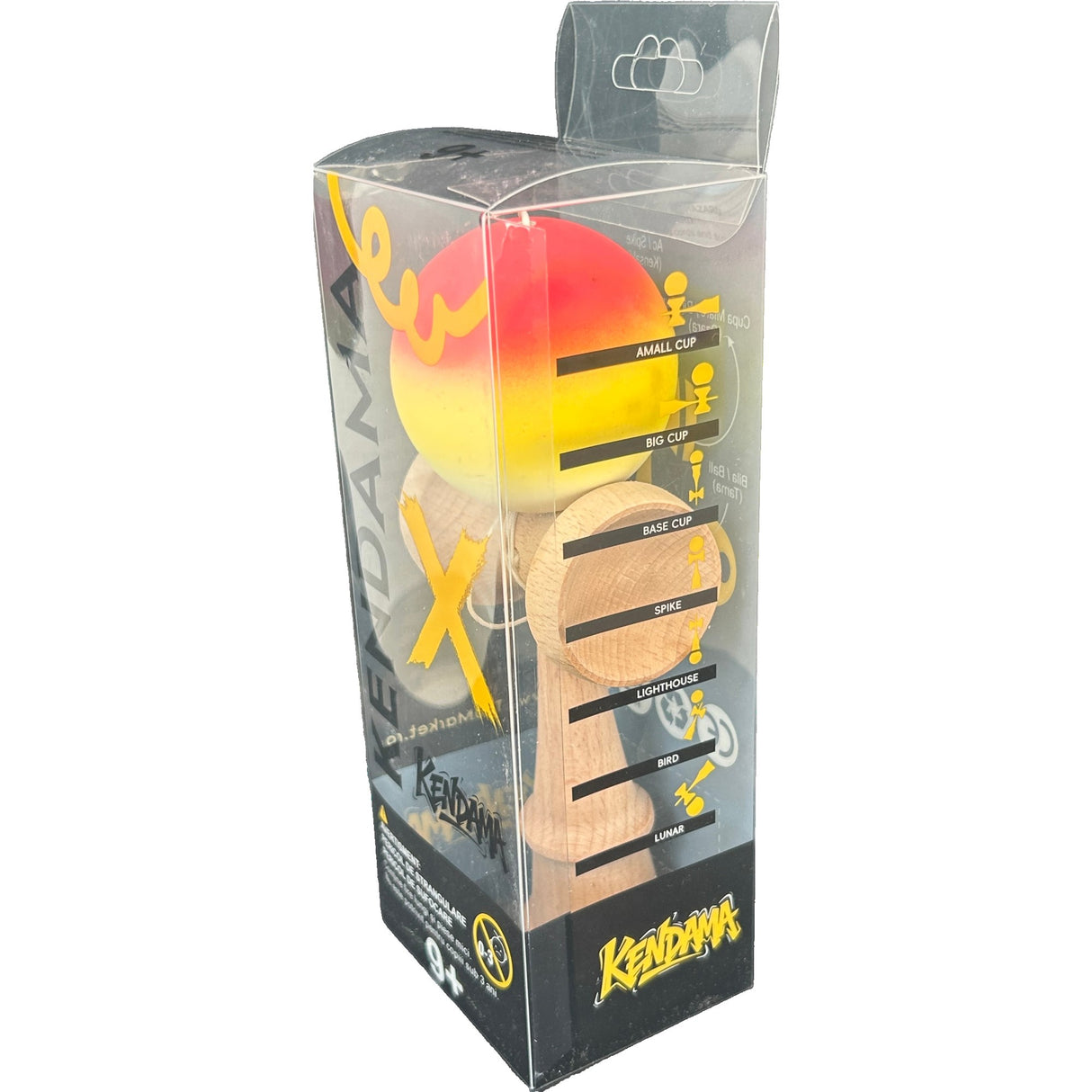 Jucarie Kendama X Originala, Profesionala, Flippy, din Lemn, Rubber Grip, 18 cm, Gradient Rosu Galben Alb - vivimall.ro