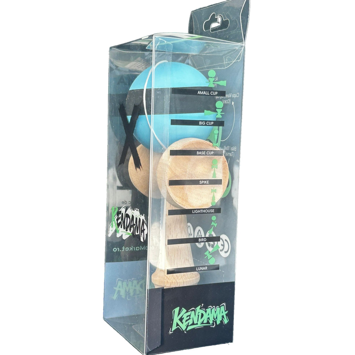 Kendama X Originala, Profesionala, Vivimall, din Lemn, 18 cm, Rubber Grip, Dungi Albastru/Negru - vivimall.ro