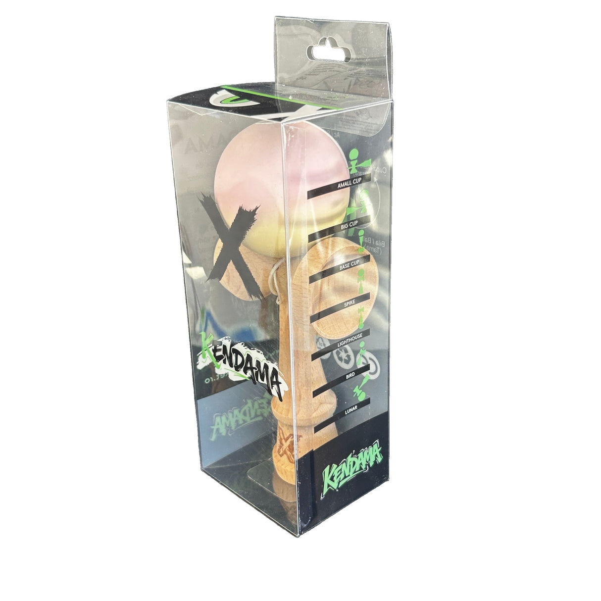Kendama X Originala, Profesionala, Flippy, din Lemn, Rubber Grip, 18 cm, Roz/Galben - vivimall.ro