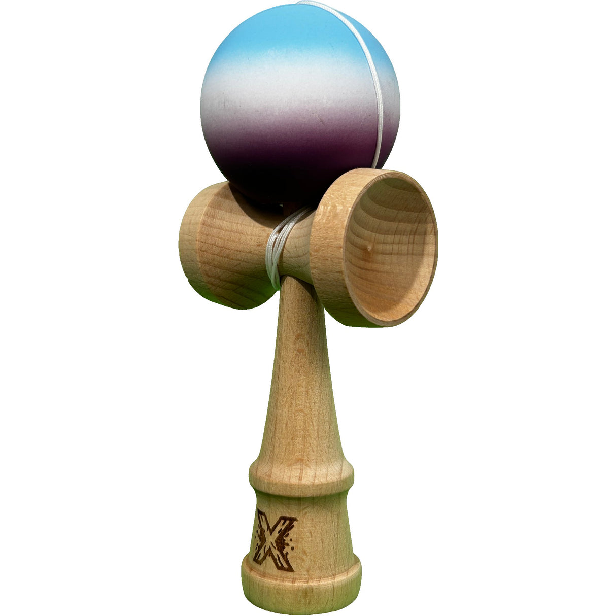 Jucarie Kendama X Originala, Profesionala din Lemn, Rubber Grip, 18 cm, Gradient Albastru Alb Mov - vivimall.ro