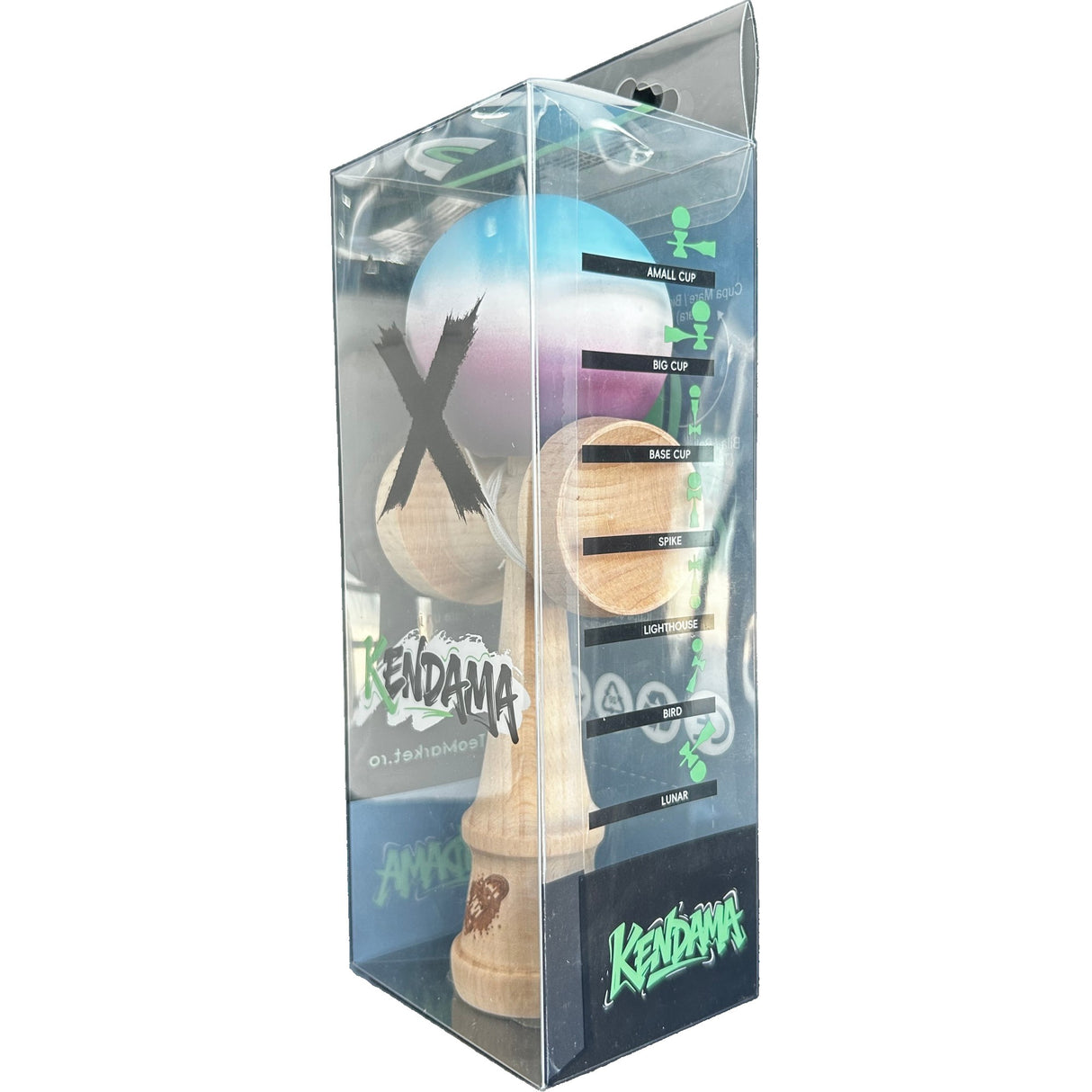 Jucarie Kendama X Originala, Profesionala, Vivimall, din Lemn, Rubber Grip, 18 cm, Gradient Albastru Alb Mov - vivimall.ro