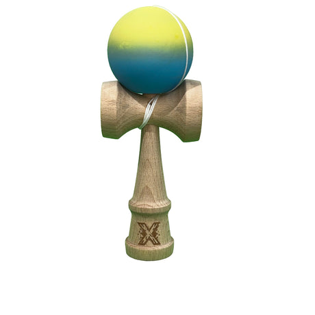 Jucarie Kendama X Originala, Profesionala, Flippy, din Lemn, Rubber Grip, 18 cm, Gradient Galben/Albastru/Verde - vivimall.ro