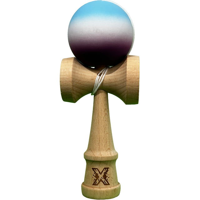 Jucarie Kendama X Originala, Profesionala din Lemn, Rubber Grip, 18 cm, Gradient Albastru Alb Mov - vivimall.ro